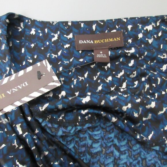 Dana Buchman Blouse Sz Small Blue Black Silver Metallic Draped Neckline Long Sle - Picture 3 of 10